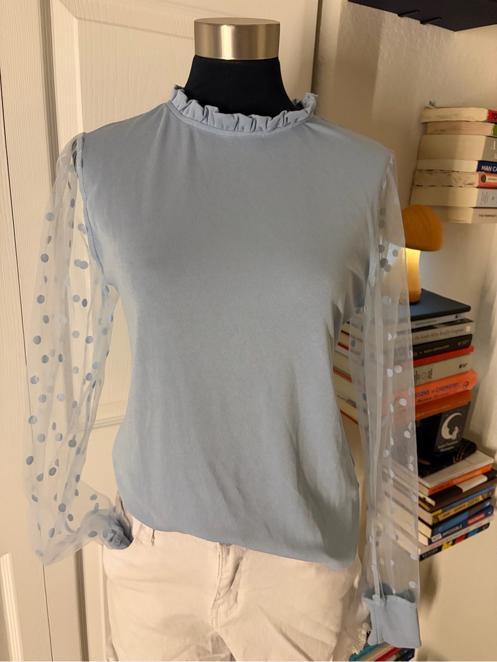 Light Blue Ruffle Neck Sheer Polka Dot Sleeve Top